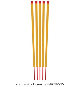  Six yellow incense sticks with red tips.