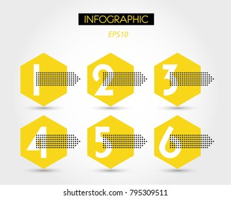 six yellow info hexagons with big dotted arrows,  concept of dots