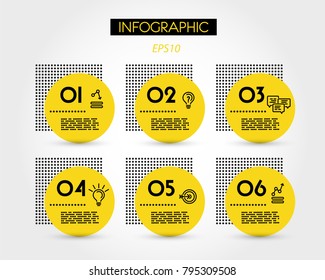 six yellow info options with dotted square,  concept of dots
