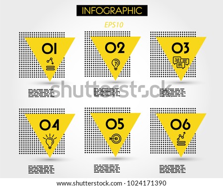 six yellow info triangular options with dotted elements, concept of geometry