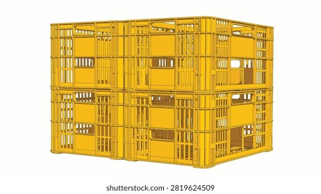 Six yellow plastic crates are stacked in two rows of three, forming a rectangular block. The crates feature vertical slats and oval handholds, set against a transparent background.