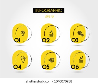 six yellow rounded infographic options with dotted ring, concept of steps
