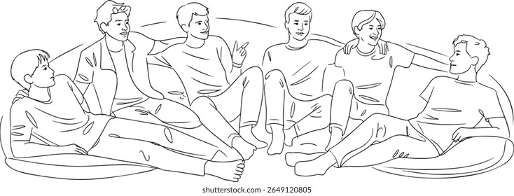 Six Young Adults Lounging on a Large Sofa in Conversation and Relaxation Together, Embracing Friendship and Camaraderie