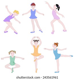 Six Young Dancers / Vector Ballerinas on White Six young girls practice elementary ballet positions. A simple to edit vector illustration in a whimsical style and pastel colors.