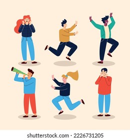 six young persons celebrating characters