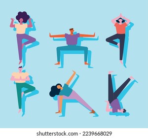 six young persons practicing yoga characters