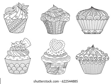 Six zendoodle design of cupcakes on white background for adult and kids coloring book page and design element. Vector illustration