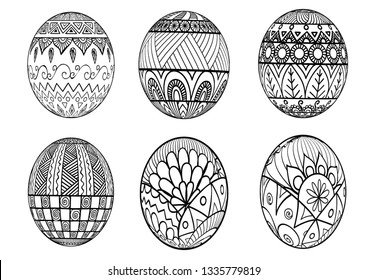 Six zentangle-inspired of Easter eggs for adult coloring page. Vector illustration