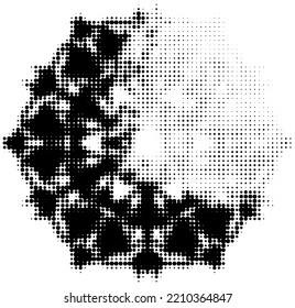 A six-axis dotted halftone mandala with the upper right quadrant lightened. Contour of dots, polka dots, blots, spots, slicks, strokes. Space for copy text. Vector.