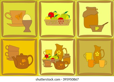 six-color icons set of painted flat kitchen items and fruit baskets
