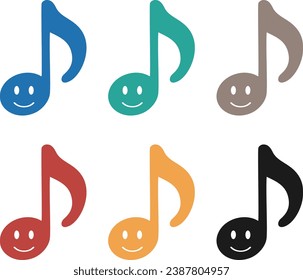 Six-color set of smiling music note icons