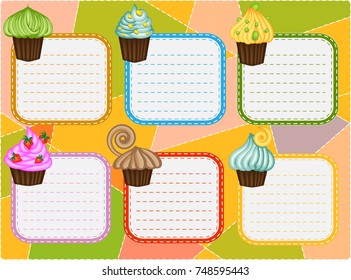 Six-day timetable on a multi-colored background with cupcakes, for writing recipes, cookbook