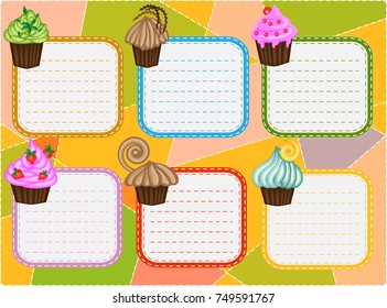 Six-day timetable on a multi-colored background with cupcakes, for writing recipes, cookbook