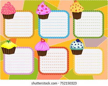 Six-day timetable on a multi-colored background with cupcakes, for writing recipes, cookbook
