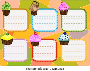 Six-day timetable on a multi-colored background with cupcakes, for writing recipes, cookbook
