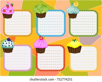 Six-day timetable on a multi-colored background with cupcakes, for writing recipes, cookbook