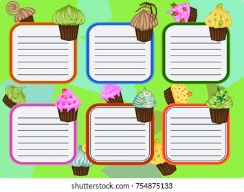 Six-day timetable on a multi-colored background with cupcakes, for writing recipes, cookbook