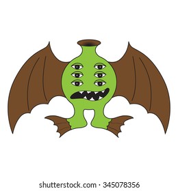 Six-eyed monster with bat wings and flippers on his feet. Vector image. Isolated.