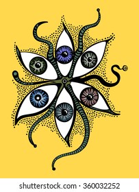 Six-eyed Tentacled Monster Halloween Icon on yellow background.