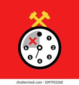 Six-hour working hours during workday. Shortened period of time at work and job. More leisure and free vacant time for worker and laborer. Vector illustration