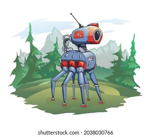 A six-legged robot stands against the background of a mountain landscape. A robotic animal in the wild nature, a post-apocalyptic plot. Vector illustration, isolated on white.
