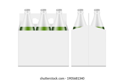 Six-Pack Green Bottle Carrier Box Mockup, Front and Side View, Isolated on White Background. Vector Illustration svg