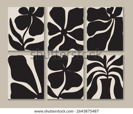 A six-panel artwork featuring stylized black and white tropical flowers and leaves against a beige background. Each panel displays a unique floral design, perfect for modern minimalist home decor. 