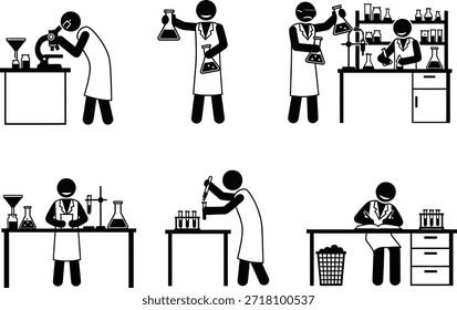 Six-Panel Stick-Figure Scientists in Lab Coats – Black and White Science Illustration