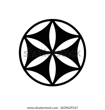 Six-petal rosette. Outlined stroke vector icon with black-filled details.