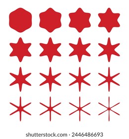 Les étoiles rouges à bord ondulé en six points. Ensemble de symboles avec des bords déchiquetés isolés sur fond blanc.