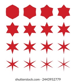 Des étoiles rouges en zigzag à six points. Ensemble de symboles avec des bords déchiquetés isolés sur fond blanc.