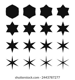 Six-point zigzag edge star shapes. A set of black symbols with jagged edges isolated on a white background.