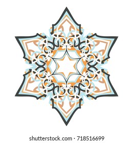 A six-pointed snowflake on a white background. Element for decorating Christmas and New Year's Eve.