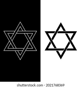 Six-pointed star icon. Hexagram sign. Symbol of Star of David,  Judaism. Wicca isolated icon in black with white outline. Witchcraft, sacred geometry. Vector illustration on white and black background