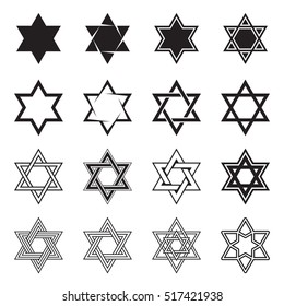 Six-pointed star icons. Collection of 16 hexagram symbols isolated on a white background. Star of David icons. Vector illustration