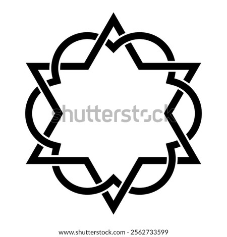 Six-pointed star interlaced with a sixfoil. Hexagram interwoven with an architectural sixfoil, a graphic form composed of the outline of six overlapping rings. Isolated illistration. Vector