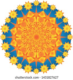 Six-pointed stars in different sizes combined and combined in gold circles.

