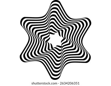Six-pointed swirling star. Striped vector wavy pattern of swirling black lines. Vector background for covers, packaging, ads, posters, banners. labels.
