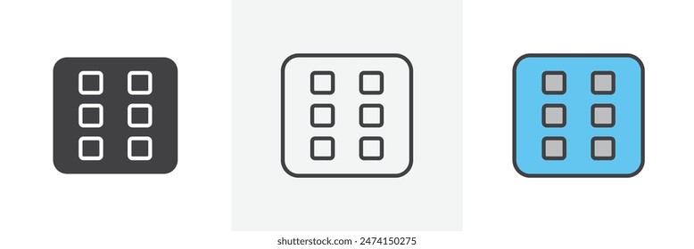 Six-sided dice icon set. Vector symbol for dice game. Poker cube with six dots.