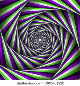 Six-sleeved unwinding spiral of color stripes. Moving optical illusion vector abstraction.