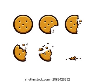 Six-Step Bitten Round Cracker Cookies. Biscuits broken with crumbs. Isolated on white background. Vector cartoon illustration.