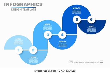 Sechsstufige horizontale Timeline-Infografik mit Kreisabschnitten, Symbolen und Text. Vektorgrafik.
