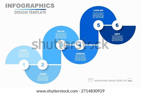 Six-step horizontal timeline infographic with circular segments, icons, and text. Vector illustration.