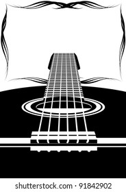 Six-string guitar and an abstract frame. Black and white illustration