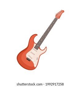 Guitarra eléctrica de seis cuerdas. Instrumento de música rock. Genial electroguitarra con fretboard y frets. Ilustración vectorial plana coloreada aislada en fondo blanco