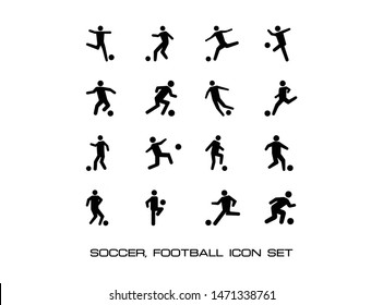 Sixteen (16) Black Soccer or Football Icon  Set Collection, in Trendy Flat Isolated on White Background. Suitable for Soccer and Football. Vector Illustration