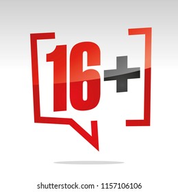 Sixteen 16 plus sign in brackets speech red white isolated sticker icon