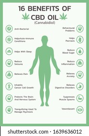 sixteen benefits of CBD oil for health or Cannabidiol, Cannabis infographic information concept, hemp. flat symbol icon vector illustration design