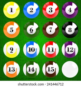 Sixteen Billiards balls on the green fabric texture background. (EPS10 Art vector separate part by part))