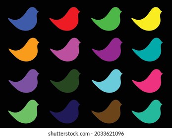 Sixteen birds in different colors. Primary colors and colors obtained by mixing basic colors. For children. For color recognition. For adults. Vector solution. Digital art.